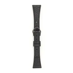 Dettaglio cinturino per orologio in vera pelle nera, design sottile con chiusura deployante.