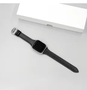 Cinturino per orologio in vera pelle motivo litchi compatibile Apple Watch, nero, fibbia argento.