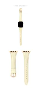 Detail view of beige leather watch strap with rose gold buckle for smart watch replacement.