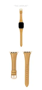 Genuine leather watch strap compatible with Apple Watch, stylish tan band with rose gold buckle.