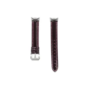 Glossy patent leather replacement watch strap with metal buckle and curved ends for smart bands.