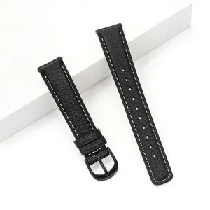 Schwarzes echtes Leder Uhrenarmband mit weißer Naht und Dornschließe für Ersatz.