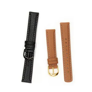 Genuine leather watch strap detail, litchi grain texture, metal buckle, durable replacement band.
