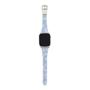 Cinturino Apple Watch in denim blu con stampa leopardata e dettagli in pelle elegante.
