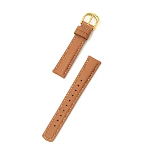 Genuine leather watch strap replacement with gold buckle and white stitching for smartwatch.