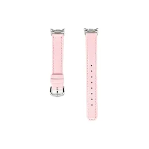 Bracelet de montre de rechange en cuir rose pour femme, fine lanière avec boucle argentée.
