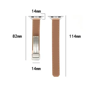 Detail view of slim leather watch strap with metal connector and magnetic clasp dimensions.