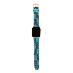 Cinturino di ricambio per smartwatch in tessuto scozzese e pelle, elegante design blu e verde.