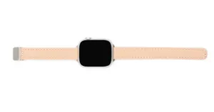 Detailed view of narrow pink leather watch band with magnetic buckle for smart watch.