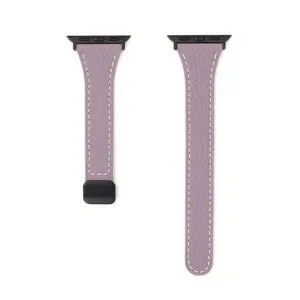 Replacement leather watch band compatible with Apple Watch, stylish purple strap with buckle.