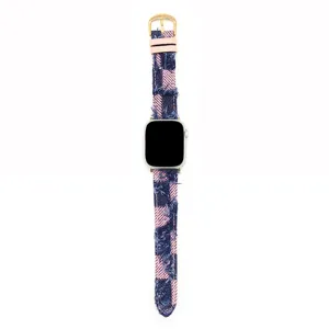 Cinturino di ricambio per smartwatch in tessuto scozzese e pelle con fibbia dorata uso quotidiano.