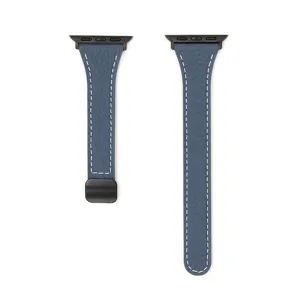 Blue leather watch strap for Apple Watch with magnetic buckle and white stitching flat view.