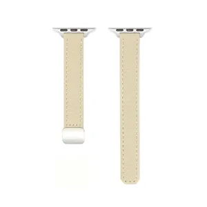 Slim beige leather replacement watch band compatible with smartwatches, featuring magnetic clasp.