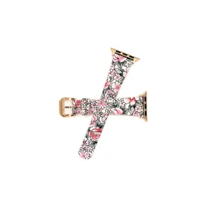 Cinturino per orologio in pelle floreale compatibile con Apple Watch, fibbia oro rosa.