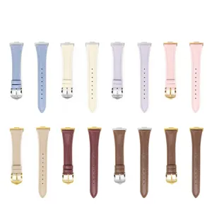 Leather replacement watch strap compatible with smart watch, elegant slim design with metal buckle.