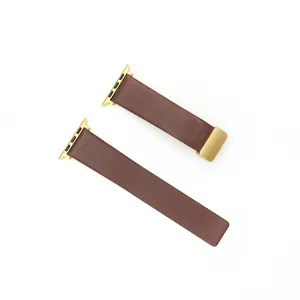 Brown leather replacement watch band compatible with smartwatches, featuring a secure clasp.