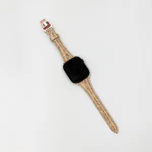 Luxury genuine leather watch strap for Apple Watch with rose gold butterfly buckle style.