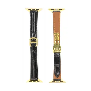 Cinturino per orologio in pelle di lusso compatibile con Apple Watch, con fibbia dorata.