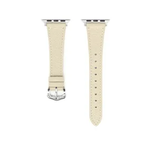 Beige leather watch strap detail, pebble grain texture with silver buckle for 42/46mm watches.