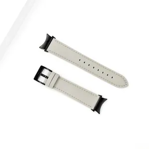 Grey genuine leather watch strap replacement band with black buckle and curved connector.