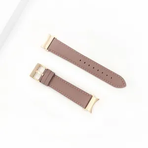 Smartwatch leather strap replacement with metal buckle and connector in pink color.