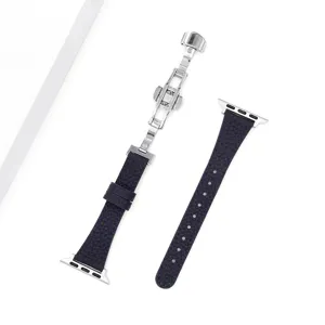 Genuine Leather Litchi Pattern Watch Band With Butterfly Buckle Replacement Strap For Apple Watch Series Accessories