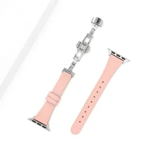 Pink Leather Watch Band for Apple Watch Ultra SE 8 7 6 5 4 3 2 Stainless Steel Butterfly Clasp