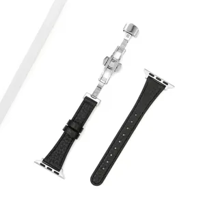 Slim leather watch strap with butterfly clasp compatible smartwatch black style