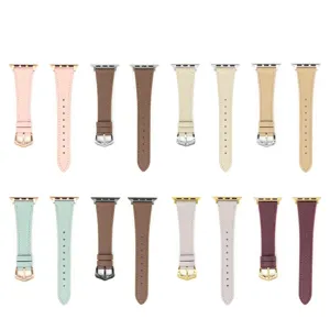 Slim leather watch strap replacement for Apple Watch, multiple colors and metal buckles.