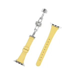 Yellow leather watch strap with butterfly buckle compatible with apple watch main view