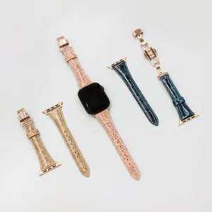 Genuine Leather Watch Strap For Apple Watch Alligator Pattern Replacement Band Luxury Butterfly Buckle Business Wristband