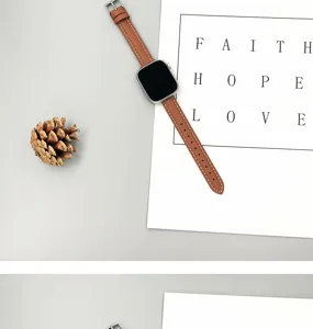 Gros plan de bracelet de montre fin en cuir marron véritable pour montre connectée.