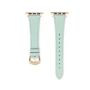 Mint green leather Apple Watch band replacement strap with rose gold buckle and adapters.