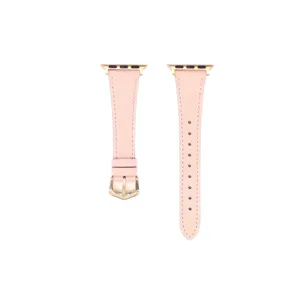 Pink leather Apple Watch strap main view, featuring a slim waist design and rose gold hardware.