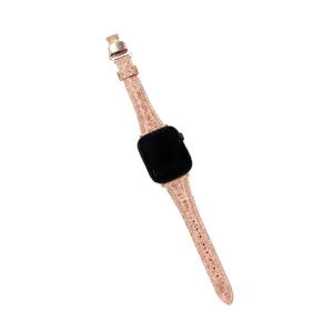 Genuine leather watch strap with butterfly buckle compatible with Apple Watch, textured design.