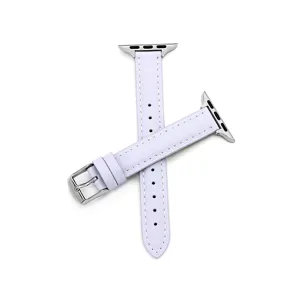 Bracelet de montre en cuir fin compatible avec Apple Watch, design violet clair élégant.