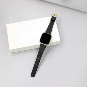 Cinturino in pelle nera, trama seta di pioggia, fibbia dorata, compatibile Apple Watch.