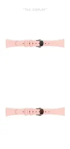 Dettaglio cinturino per orologio in vera pelle rosa, con cuciture bianche e fibbia.