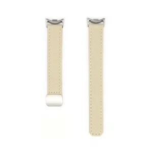 Detailed view of the beige leather litchi pattern watch strap with magnetic buckle.