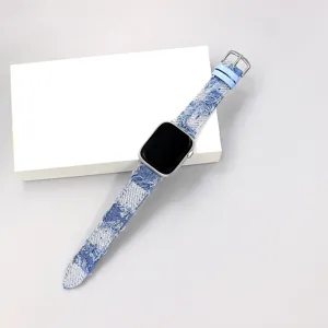 Mode Denim Echt Leder Horlogeband Ruitjes Patroon Vervangende Armband met Metalen Gesp voor Smartwatch