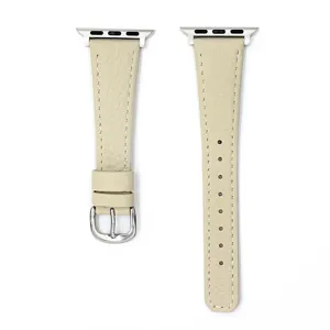 Beigefarbenes Echtleder Ersatzarmband mit Litchi-Maserung kompatibel für Apple Watch.