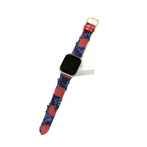 Ruitjes denim horlogeband compatible met Apple Watch 42mm 46mm, rood blauw rafelig bandje.