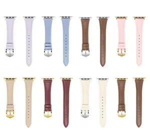 Vista di dettaglio cinturino pelle sottile, opzioni multicolore per smartwatch.