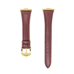 Burgundy leather watch strap with gold buckle replacement band for smart watch accessories.