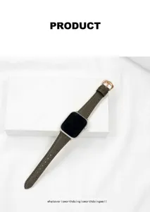 Gedetailleerd overzicht van de donkergroene echt lederen smartwatch band met gouden gesp.