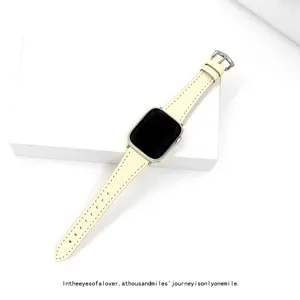 Beige lederen band voor Apple Watch, premium lamsleer textuur, elegante detailweergave.
