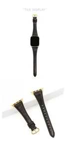 Correa de cuero fina compatible con Apple Watch, con hebilla elegante y conectores dorados.