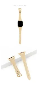 Correa de reloj de cuero fina compatible con Apple Watch, elegante diseño beige con hebilla dorada.