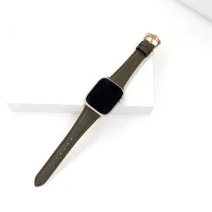 Donkergroene lederen band compatibel met Apple Watch, premium leer met roségouden gesp.