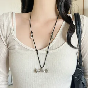 Collana con ciondolo caramella argento stile coreano con cordino nero catena maglione chic